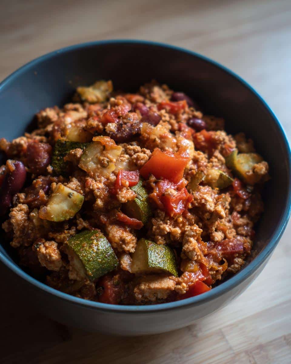 Close-up of a bowl with healthy ground turkey recipe, featuring zucchini, tomatoes, and beans.