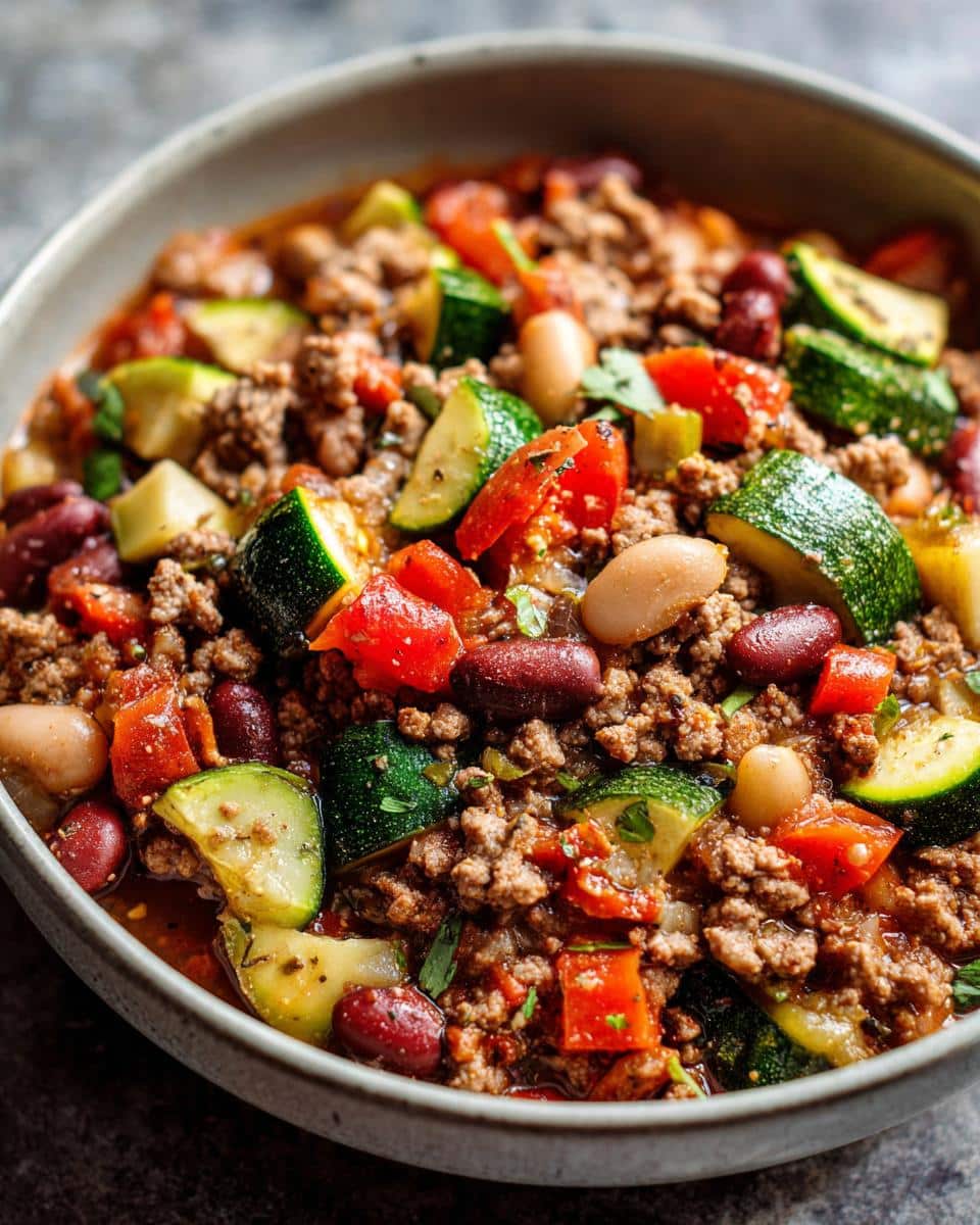 Bowl of healthy ground turkey recipe with zucchini, tomatoes, and beans.