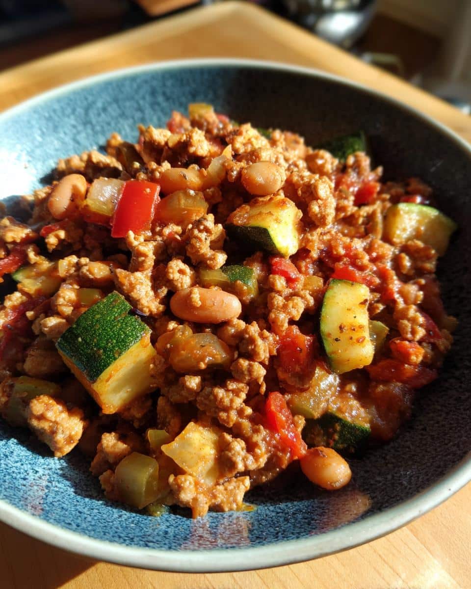 Bowl of healthy ground turkey recipe with zucchini, beans, and tomatoes.