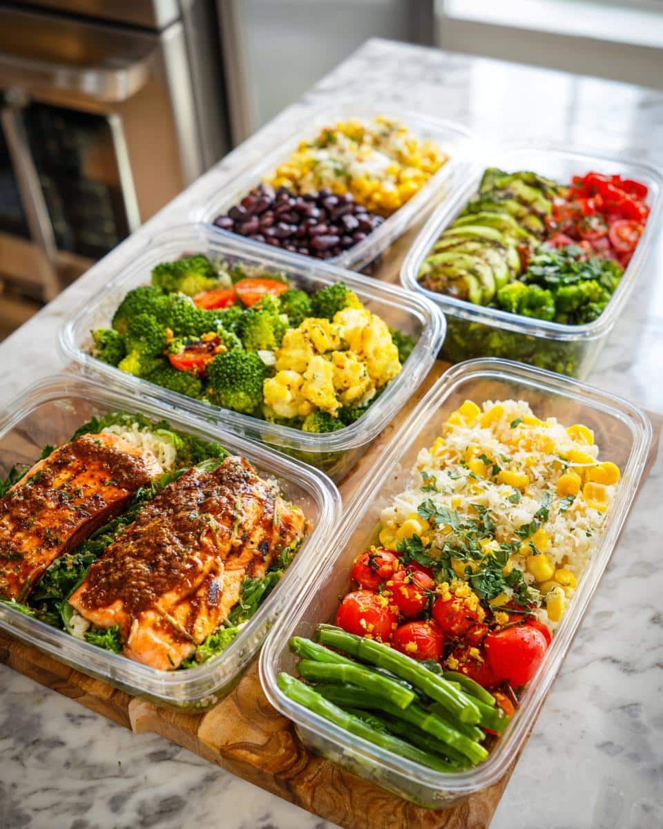 Variety of healthy meals prepped for the week in clear containers, featuring salmon, rice, vegetables, and beans. Meal prep for the week.