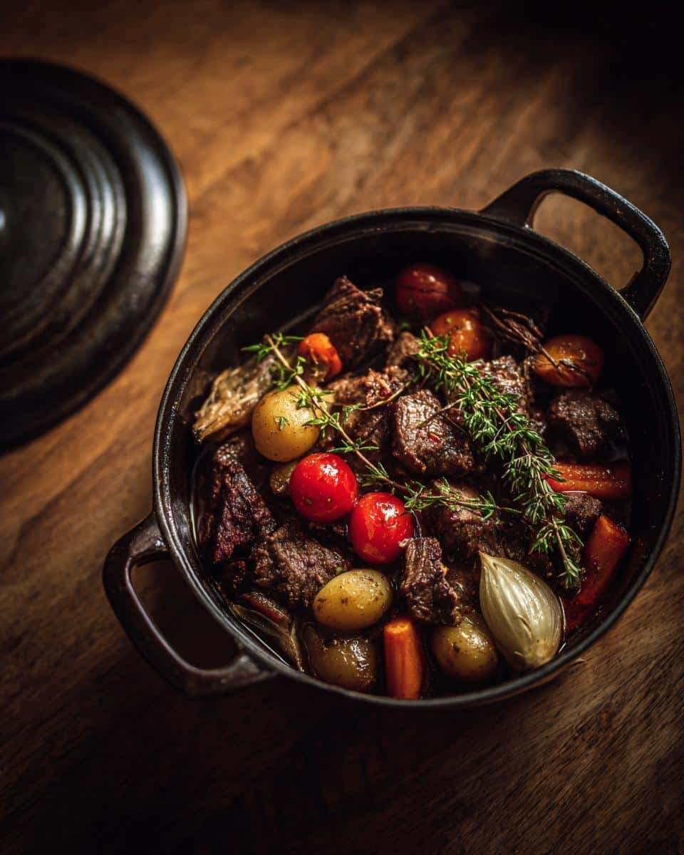 Overhead shot of hearty beef stew in a black cast iron pot with beef, potatoes, carrots, and fresh thyme.