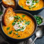 Close-up of a bowl of hearty soup topped with cream, herbs, and a slice of toasted bread.