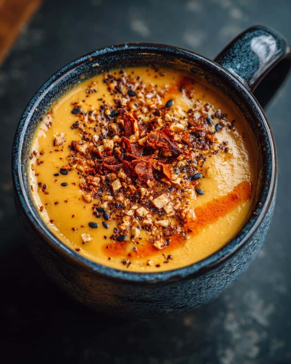 Overhead shot of a bowl of hearty soup, garnished with seeds, nuts, and chili oil.