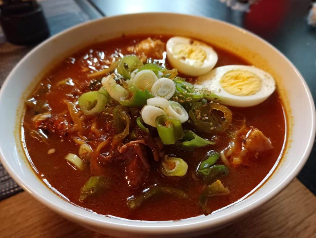 A bowl of hearty soup with sliced boiled egg, green onions, and other toppings.
