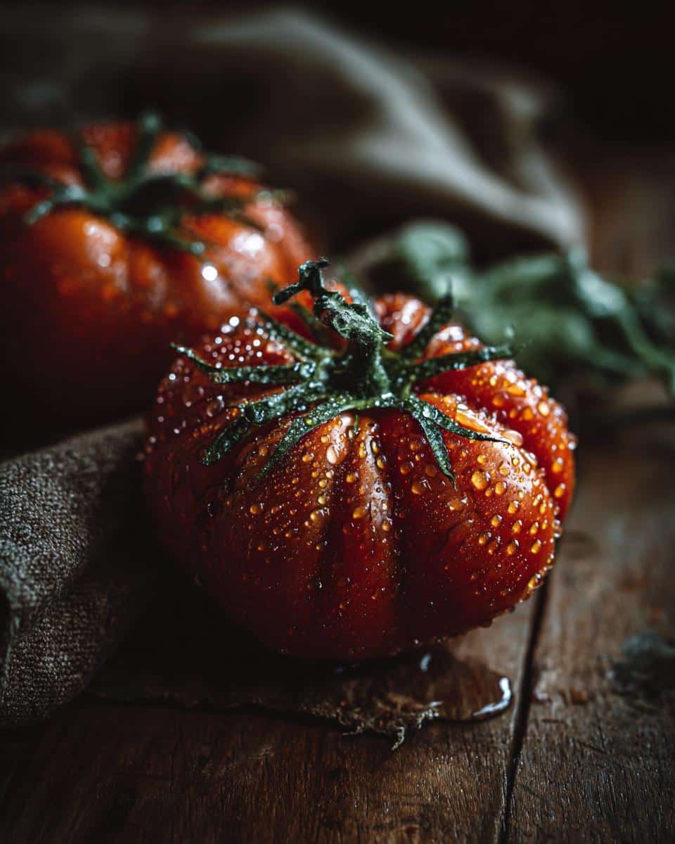 Close-up of two vibrant, water-droplet-covered heirloom tomatoes, ready for Heirloom Tomato Flights.