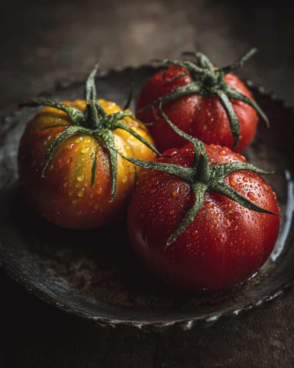 Three vibrant heirloom tomatoes, part of Heirloom Tomato Flights, sit on a rustic plate, covered in water droplets.