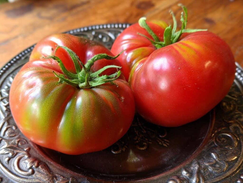 Three ripe Heirloom Tomato Flights on a decorative silver plate, showcasing their vibrant colors and textures.