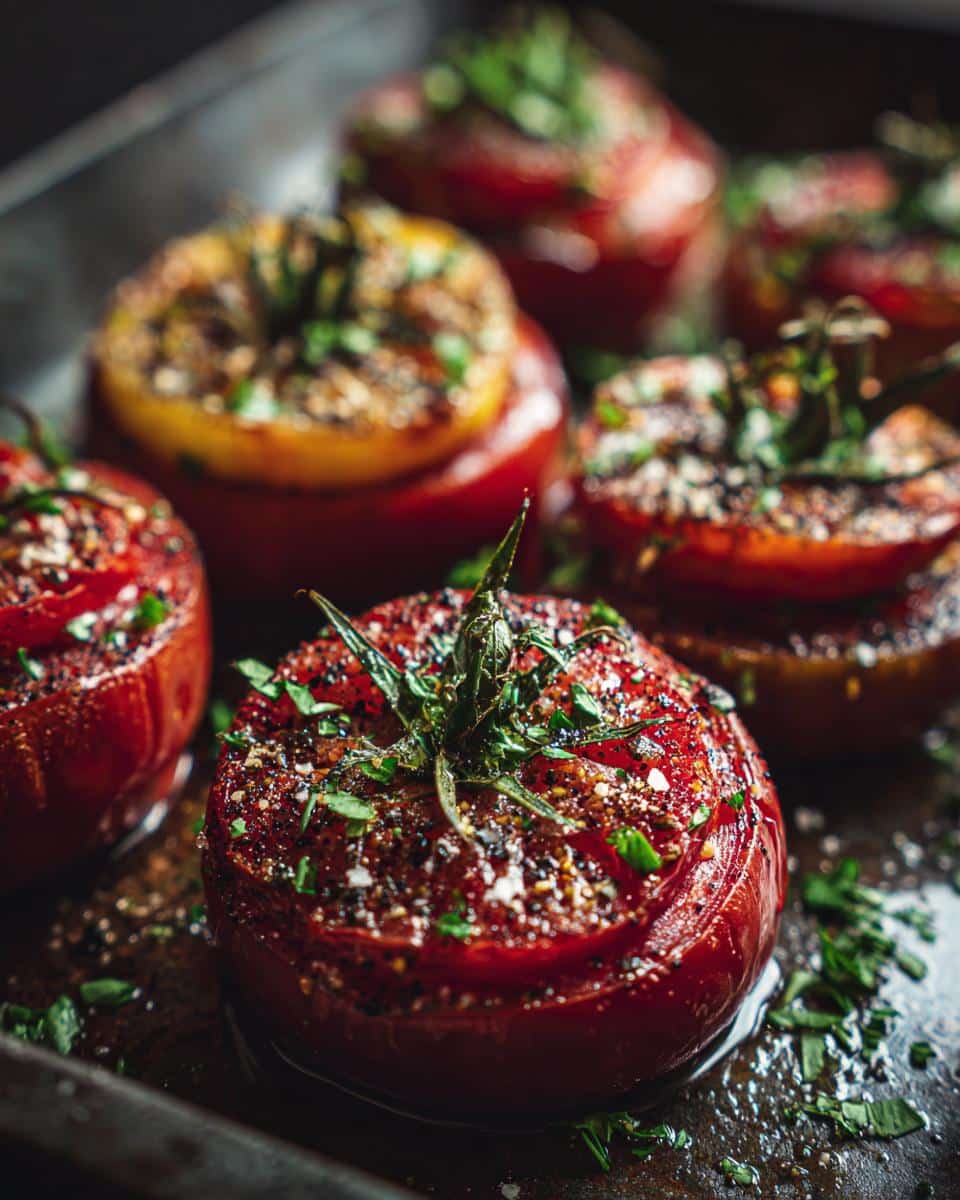 Close-up of roasted Heirloom Tomato Flights, seasoned and garnished with herbs on a baking sheet.