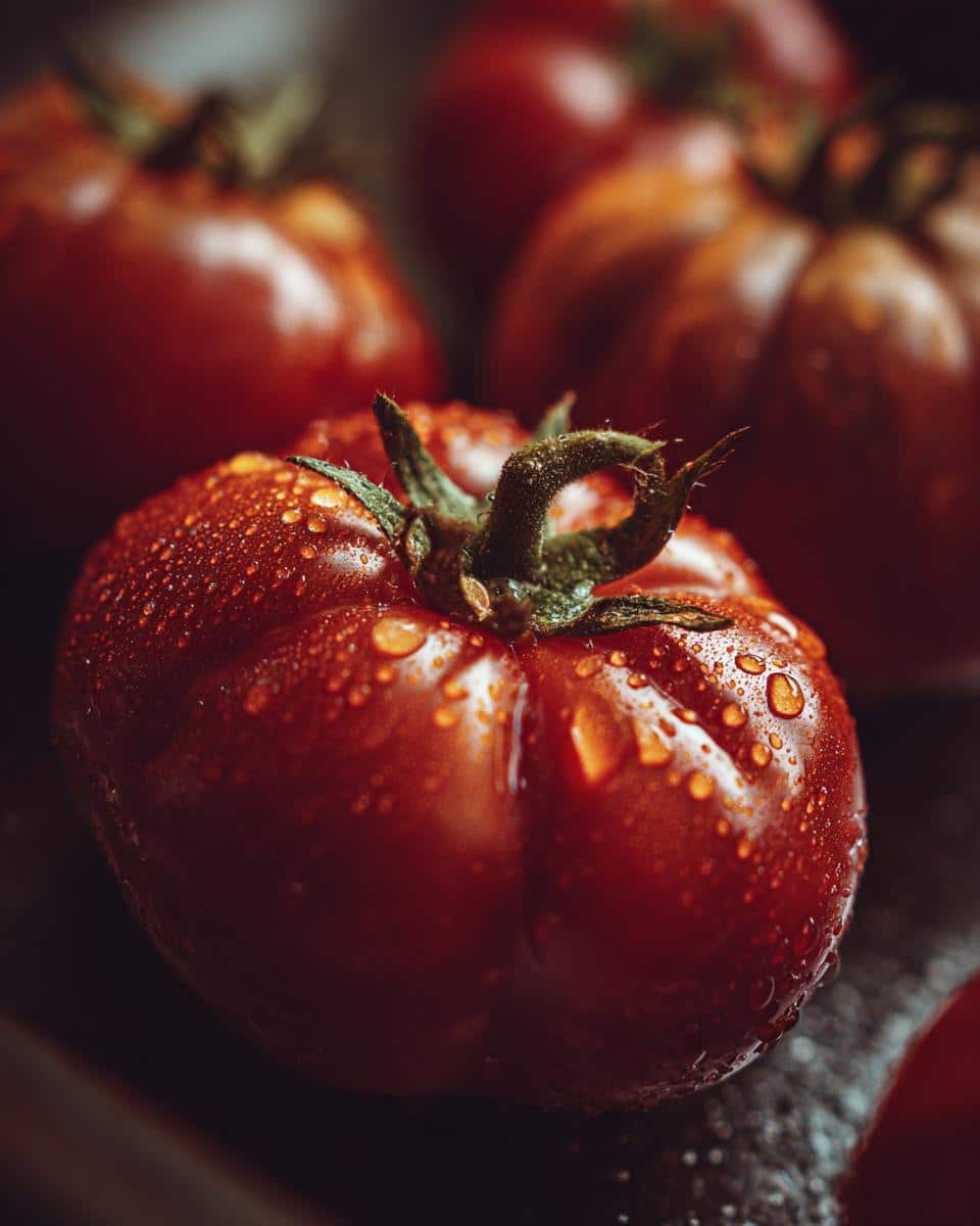 Close-up of a ripe heirloom tomato covered in water droplets, ready for Heirloom Tomato Flights.