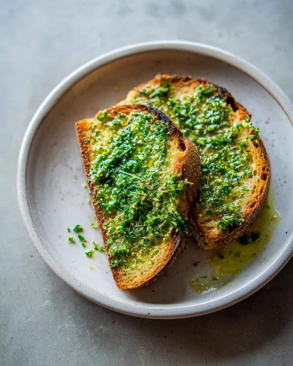 Two slices of toasted bread topped with fresh herbs and olive oil, for food babe article.