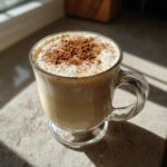 A glass mug of homemade eggnog recipe, topped with foam and sprinkled with cinnamon.