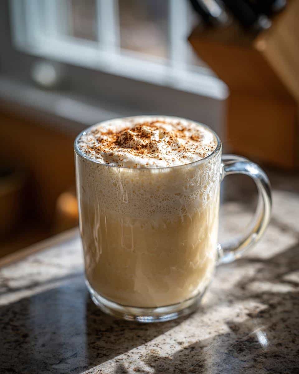 A glass mug filled with homemade eggnog, topped with whipped cream and a sprinkle of cinnamon for an eggnog recipe.