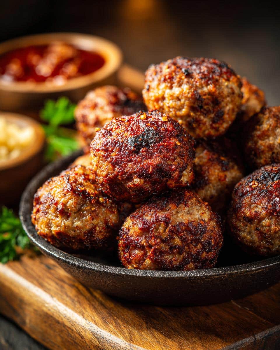 A close-up of a pile of golden-brown sausage balls in a cast iron bowl, ready to eat.