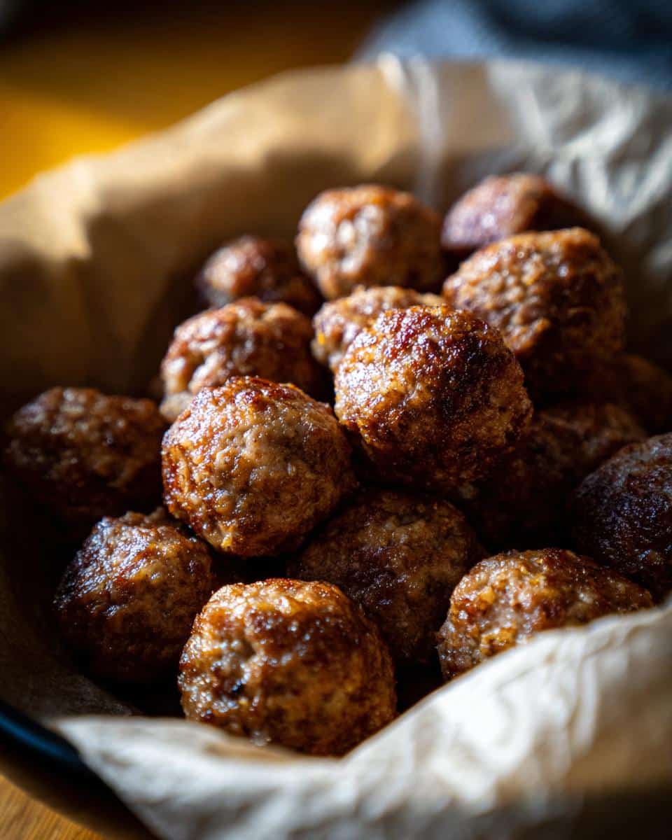 Close-up of freshly baked sausage balls in a bowl lined with parchment paper.