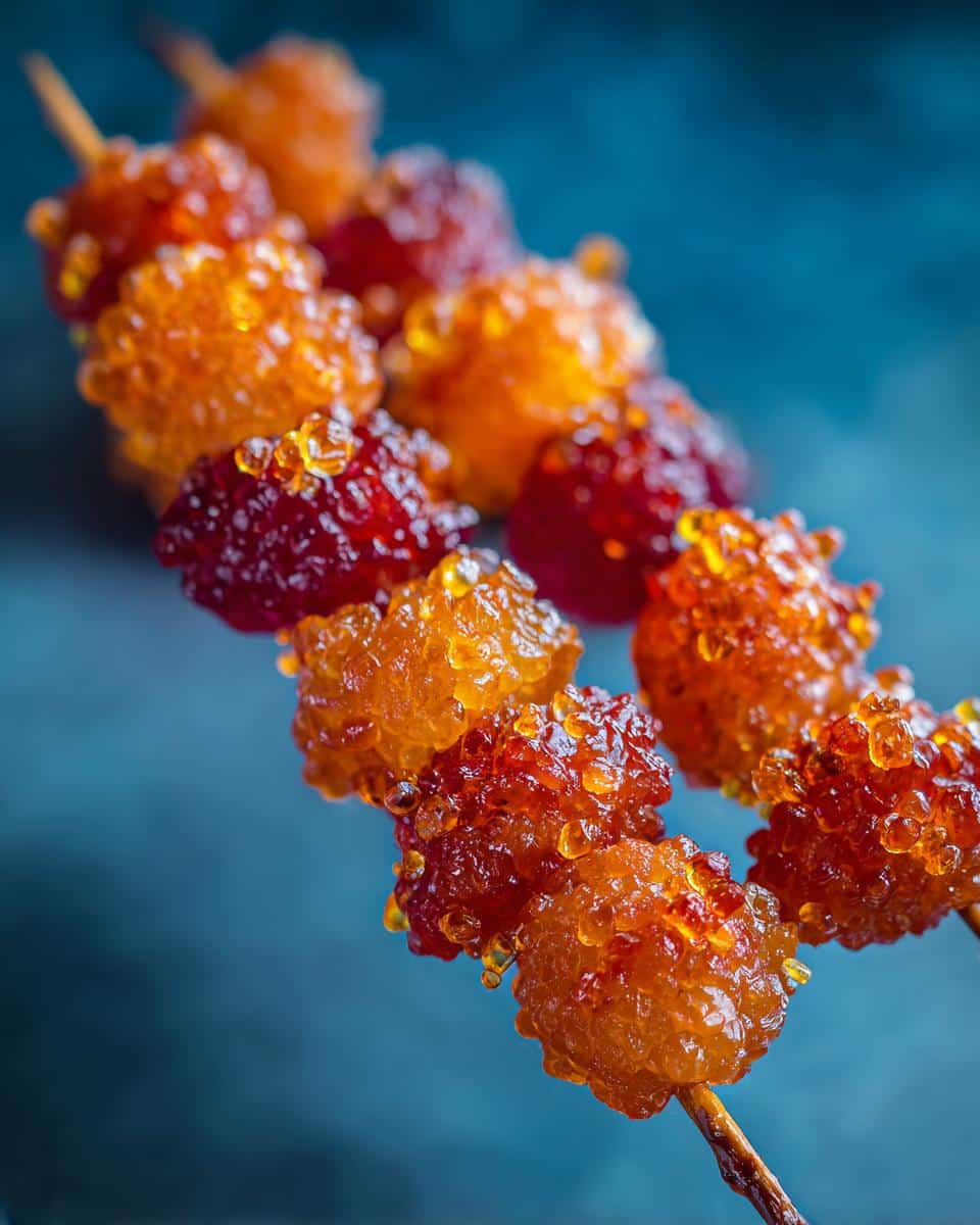 Close-up of two skewers of homemade Tanghulu, a traditional Chinese treat of candied fruit.