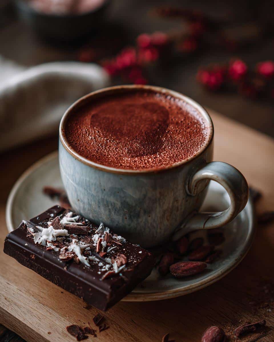 A mug of rich dark hot chocolate with a chocolate bar, perfect for a hot chocolate bar.