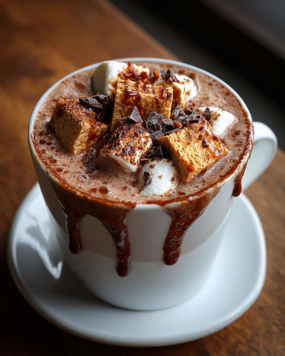 A mug of hot chocolate bar drink with marshmallows, chocolate shavings, and chocolate syrup drizzle.