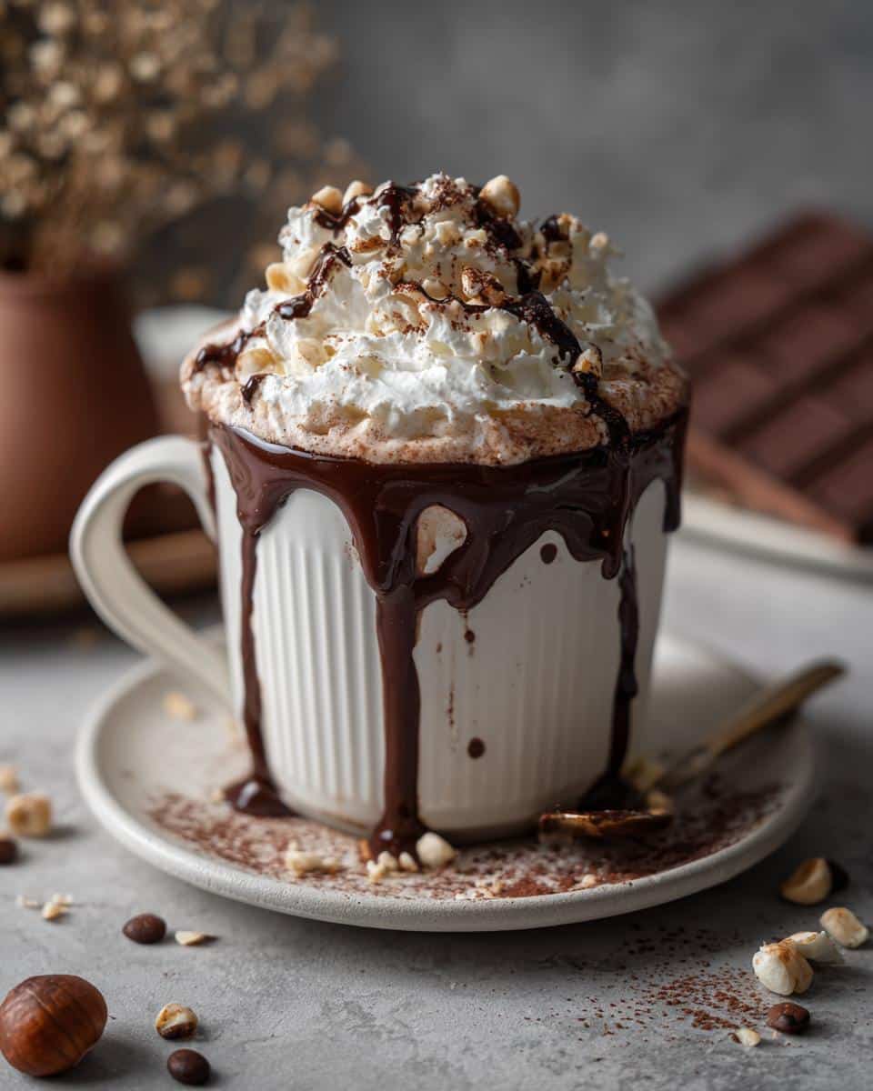 Rich hot chocolate bar drink with whipped cream, chocolate drizzle, and nuts in a white mug.