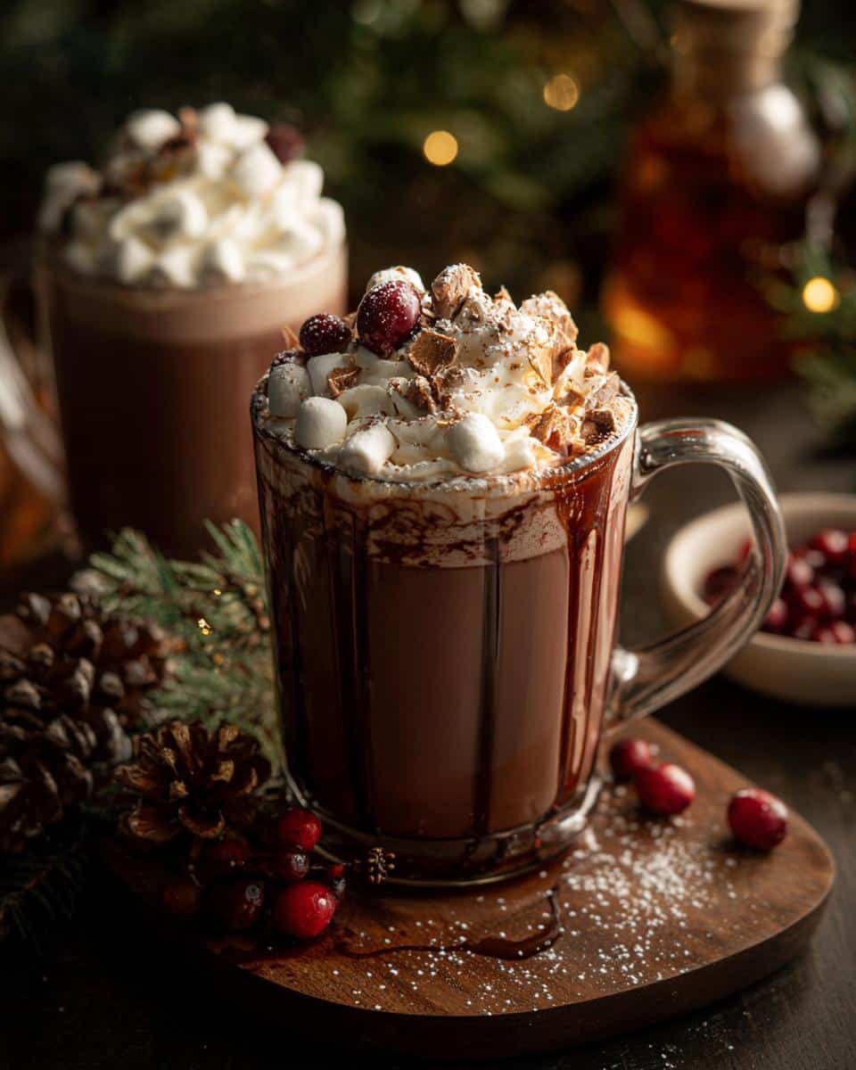 Festive hot cocoa bar christmas drink with marshmallows, cranberries, and chocolate shavings in a glass mug.