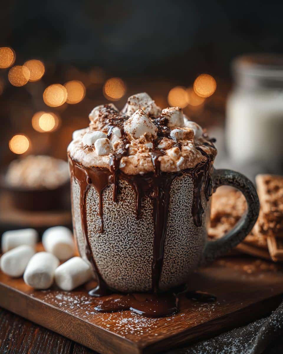 A mug of hot cocoa bar christmas style, topped with marshmallows and chocolate drizzle, sits on a wooden board.
