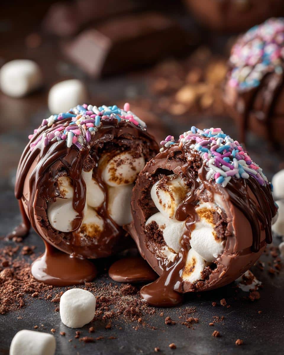 A Hot Cocoa Bomb cut in half, revealing marshmallows and chocolate drizzle with colorful sprinkles.