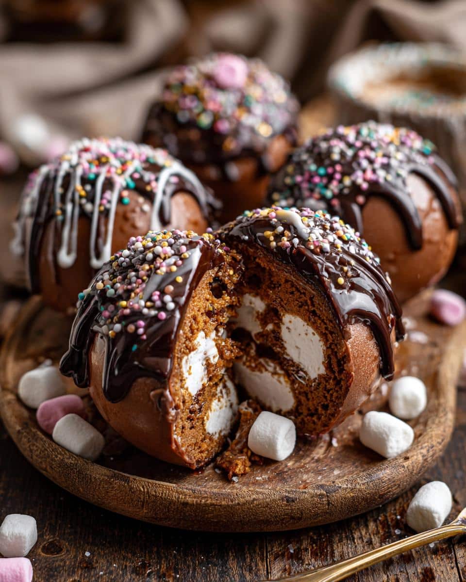 Close-up of Hot Cocoa Bombs, one cut open to reveal marshmallows, drizzled with chocolate and sprinkles.