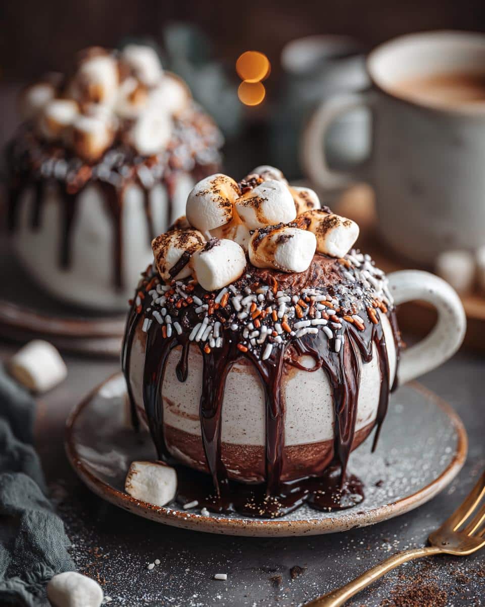 A decadent hot cocoa bomb in a mug, topped with toasted marshmallows, chocolate drizzle, and sprinkles.