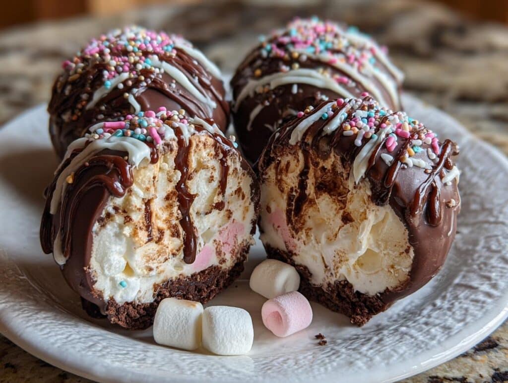 Four Hot Cocoa Bombs on a plate, one cut open to show marshmallows and cocoa mix inside. Chocolate drizzle and sprinkles on top.
