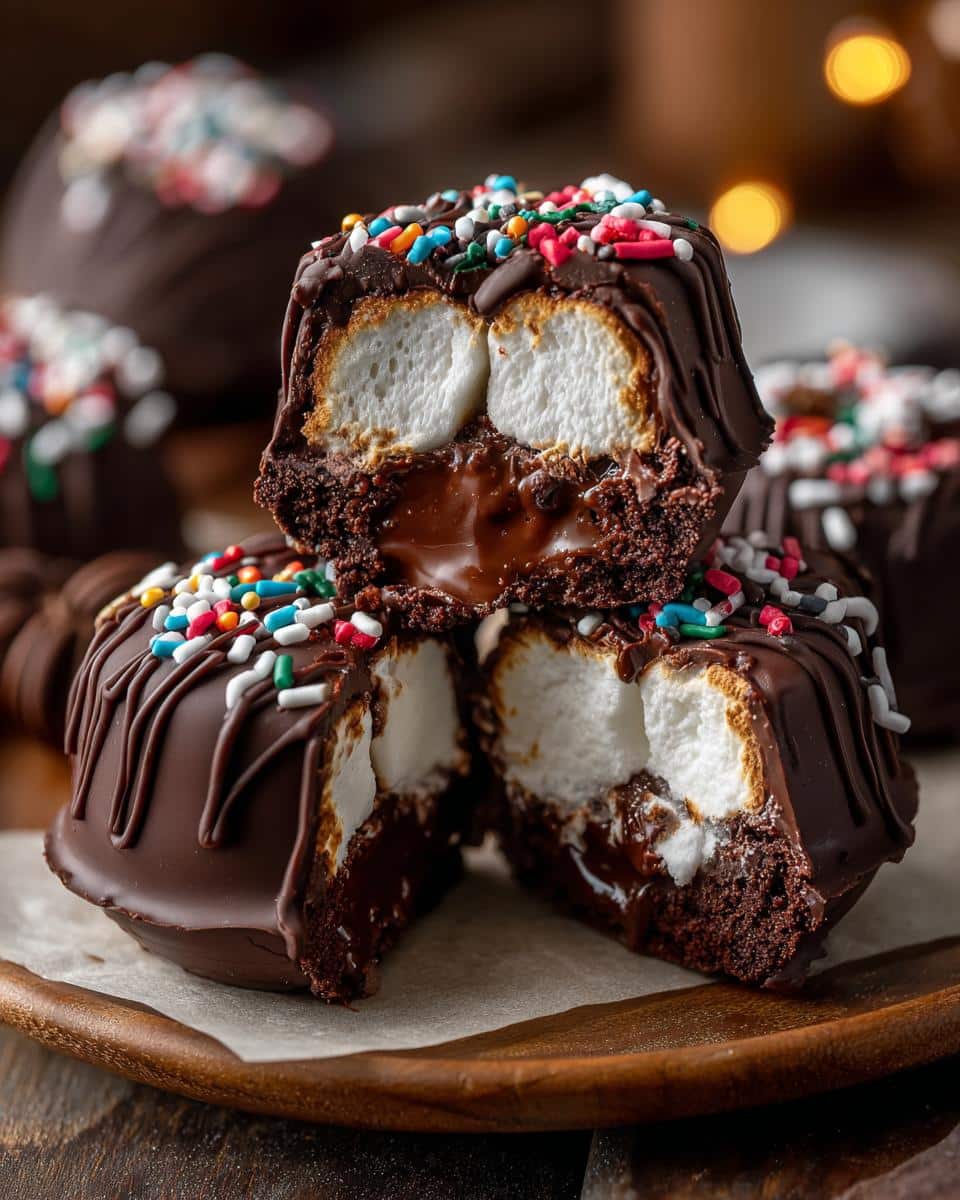 Close-up of stacked Hot Cocoa Bombs cut open, revealing marshmallows and chocolate filling, topped with colorful sprinkles.