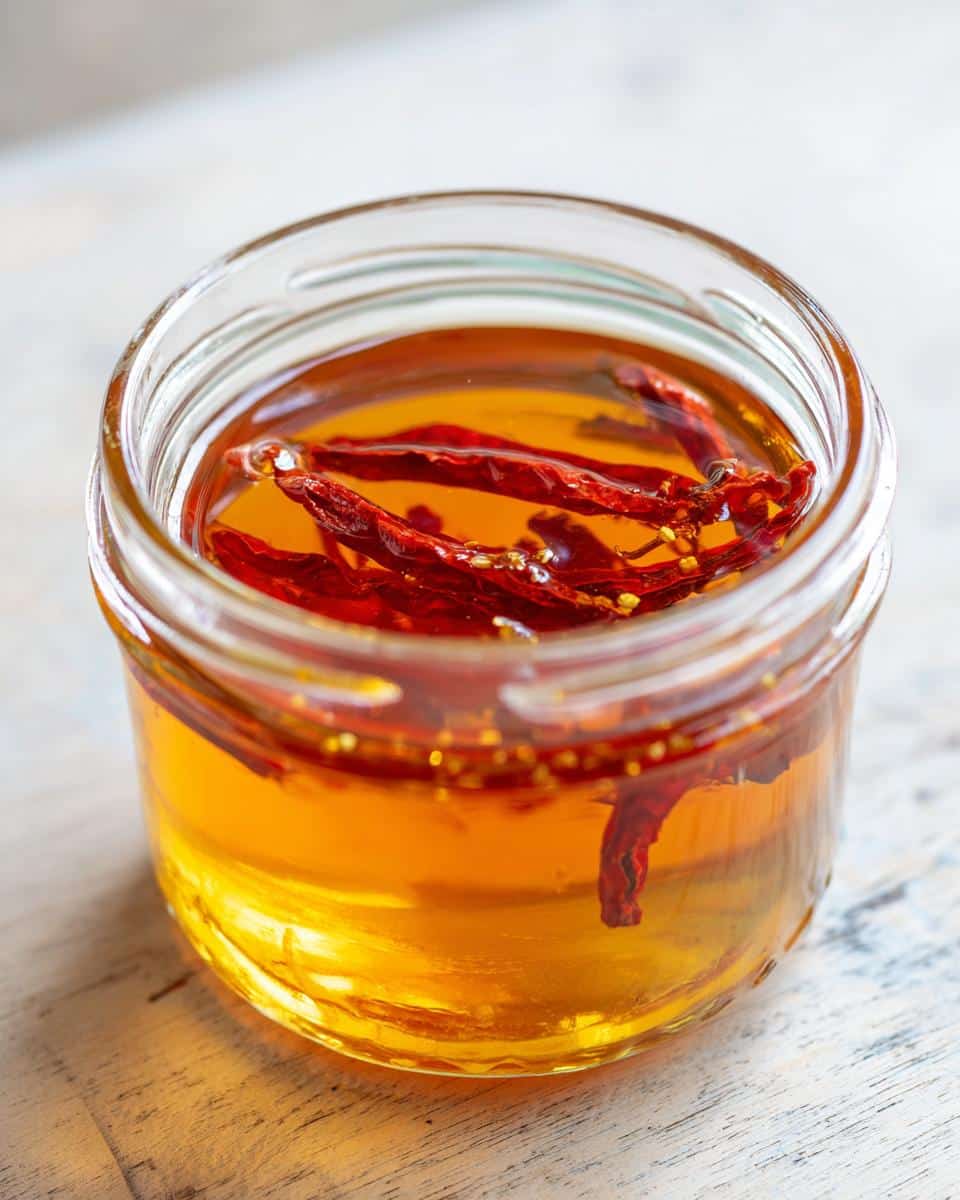 Close-up of homemade Hot Honey in a glass jar, infused with dried red chili peppers.