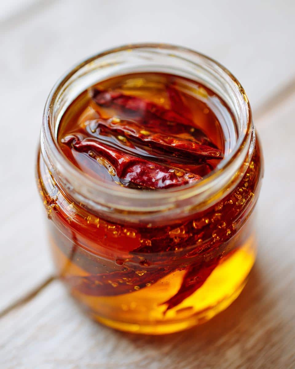 Close-up of a jar filled with golden Hot Honey infused with red chili peppers.