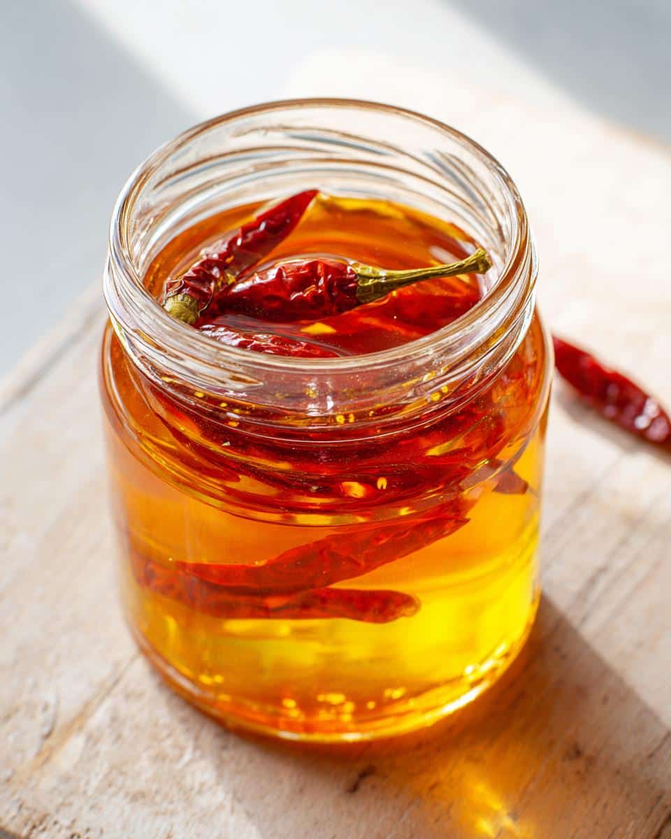 Jar of homemade Hot Honey infused with dried red chili peppers on a wooden surface.