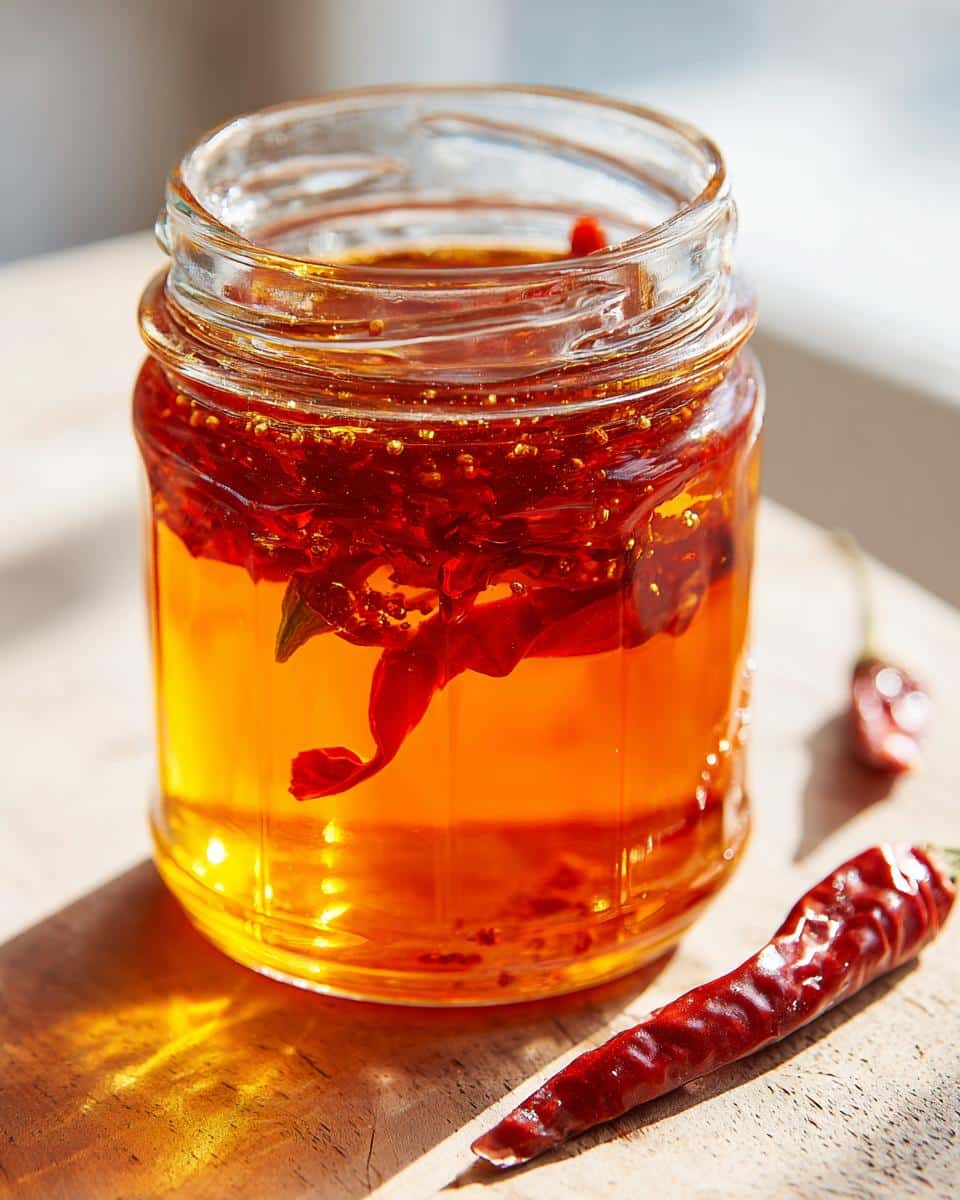 A jar of homemade Hot Honey infused with chili peppers, sitting on a wooden surface.