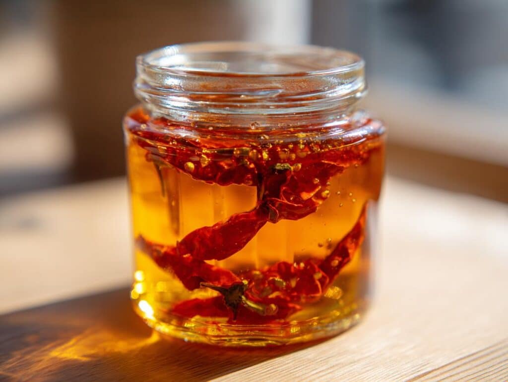 Close-up of a jar of homemade Hot Honey infused with dried red chili peppers.
