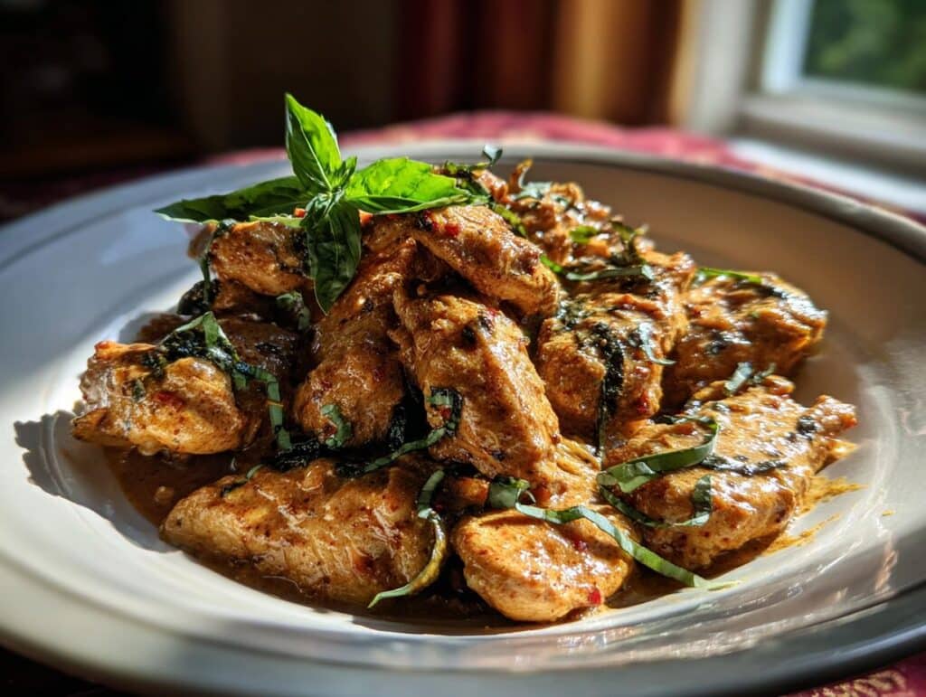 A plate of Hot Honey (Marry-Me) Chicken garnished with fresh basil, ready to serve.
