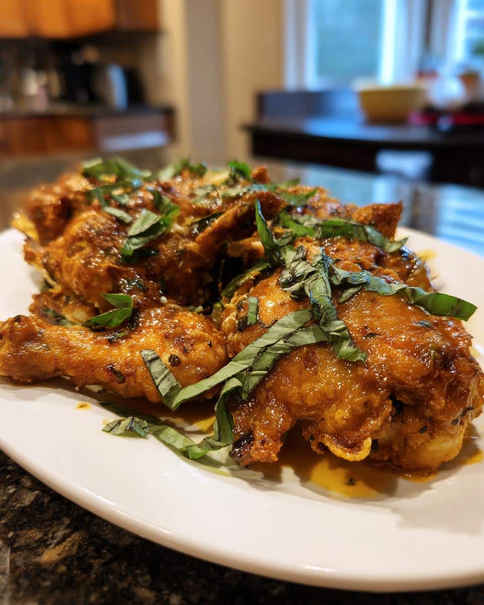 Plate of Hot Honey (Marry-Me) Chicken pieces, glazed and garnished with basil on a white plate.