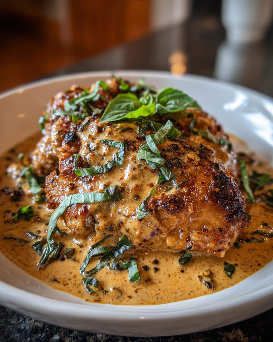 A close-up of Hot Honey Marry-Me Chicken, featuring chicken in a creamy sauce and garnished with basil.