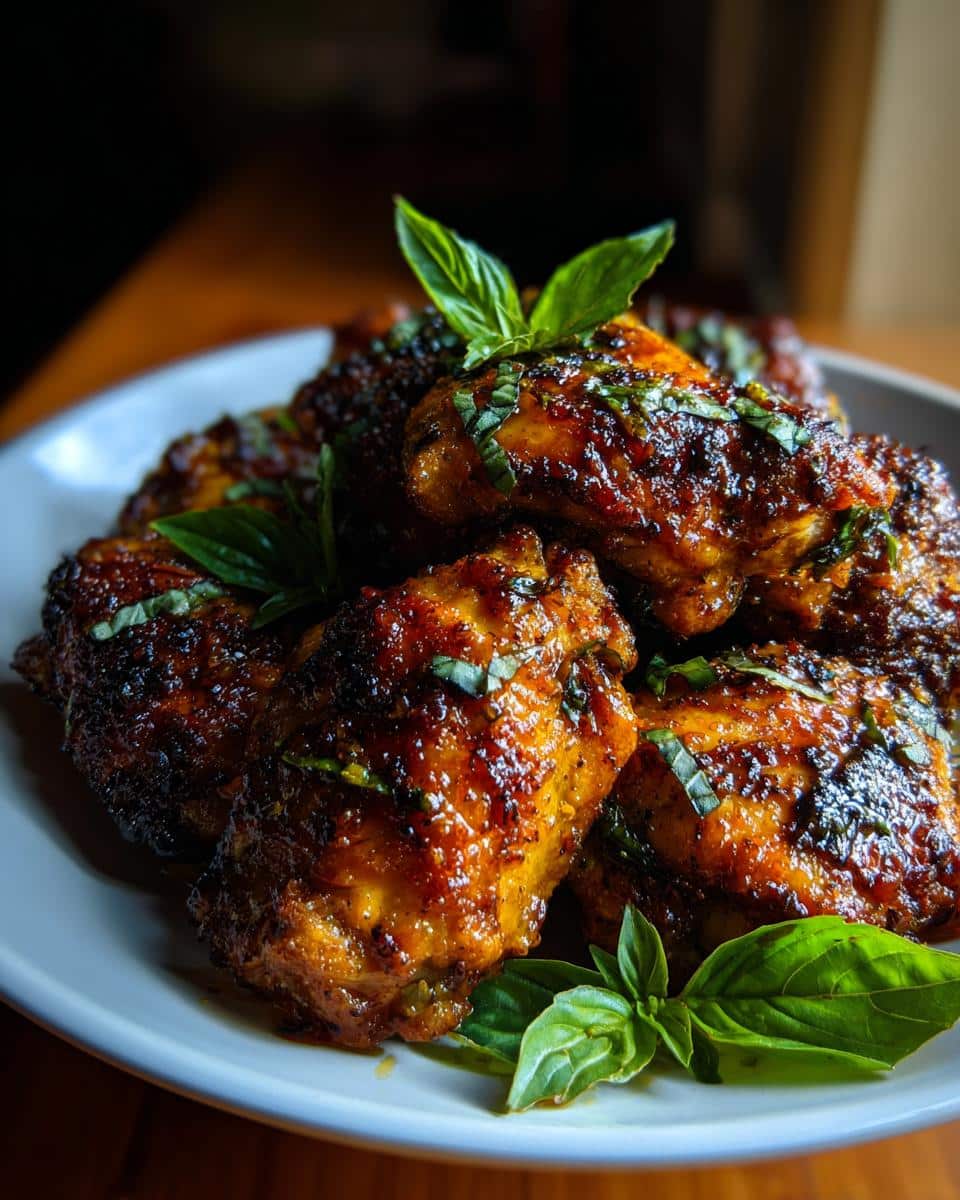 A plate of glistening Hot Honey Marry-Me Chicken wings garnished with fresh basil leaves.