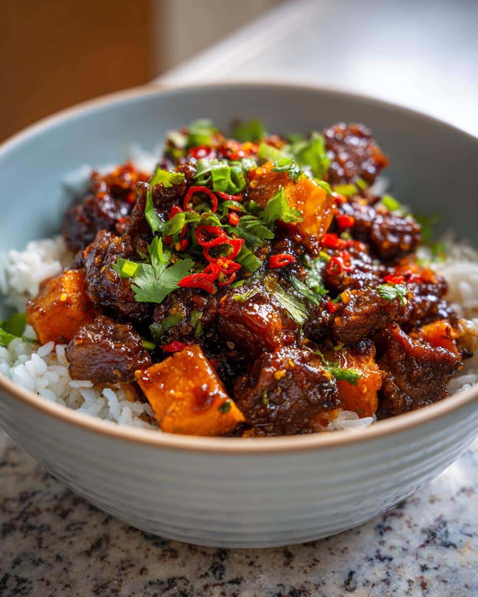 A delicious Hot Honey Sweet Potato Beef Bowl with rice, garnished with herbs and chili.