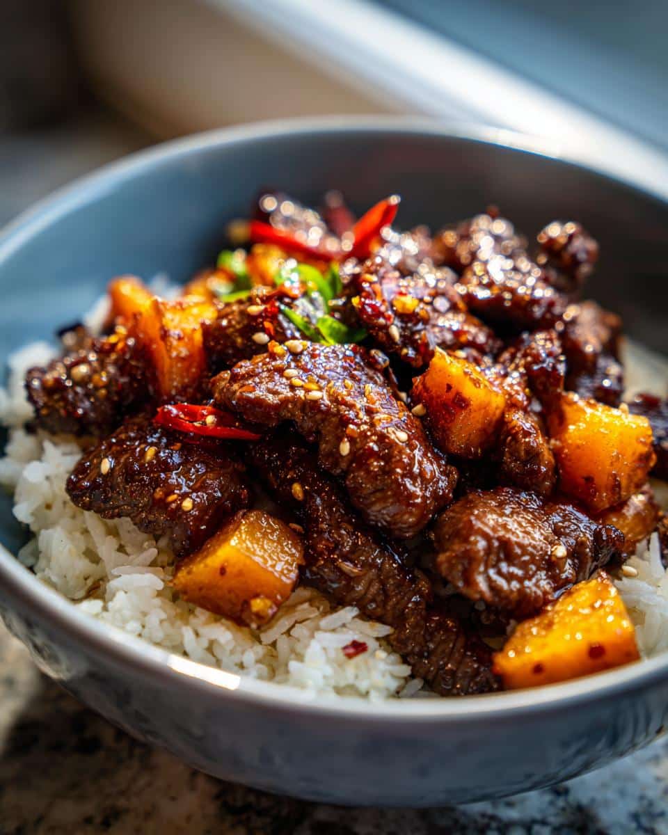 A delicious Hot Honey Sweet Potato Beef Bowl with rice, beef, sweet potato, and a honey glaze.