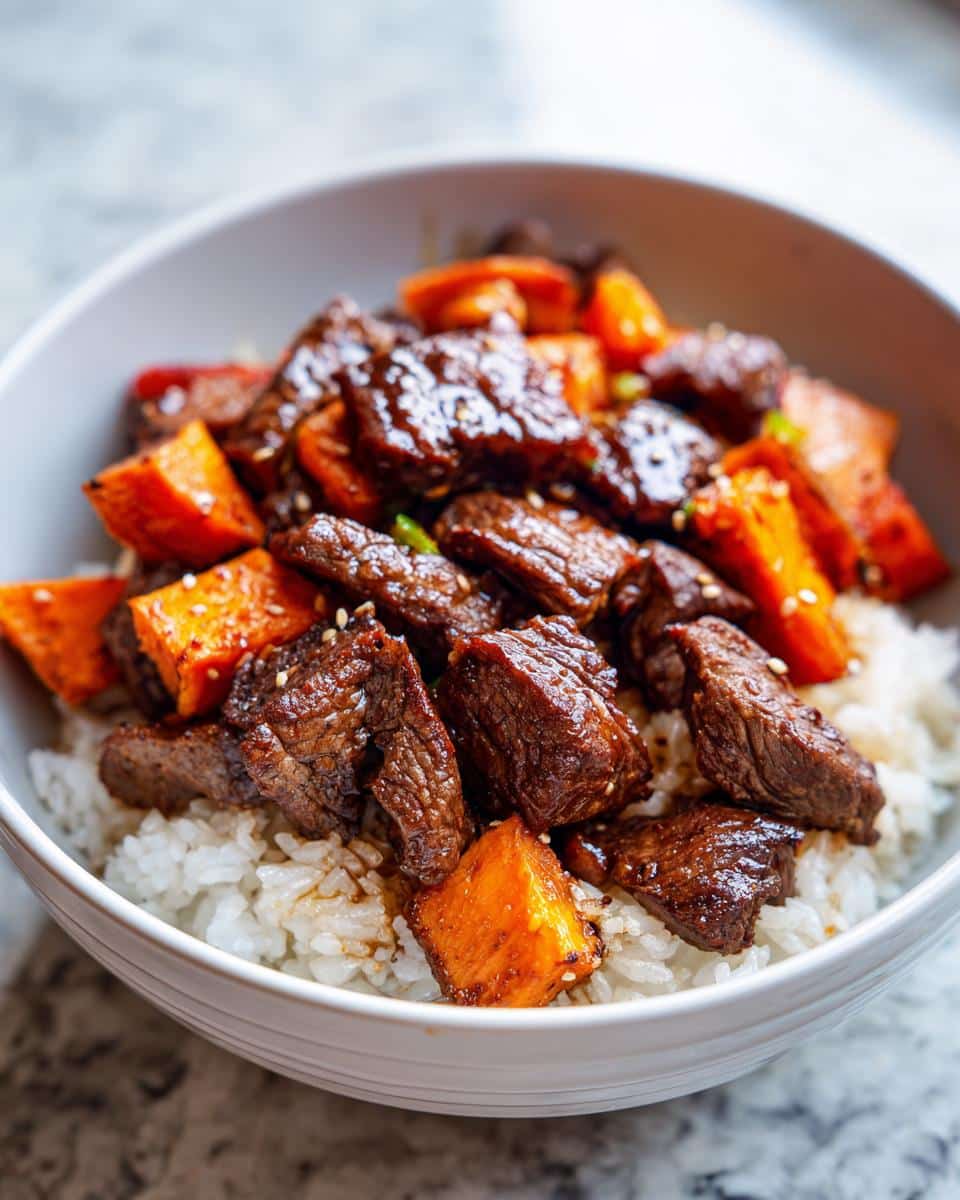 A delicious Hot Honey Sweet Potato Beef Bowl with rice, tender beef, and sweet potatoes.