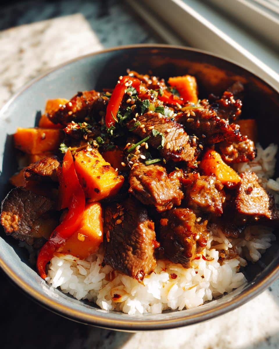 A delicious Hot Honey Sweet Potato Beef Bowl with rice, beef, sweet potato, and red pepper.