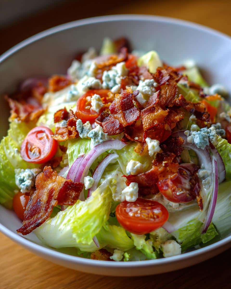 A vibrant Iceberg Lettuce Salad with crispy bacon, blue cheese crumbles, tomatoes, and red onion.