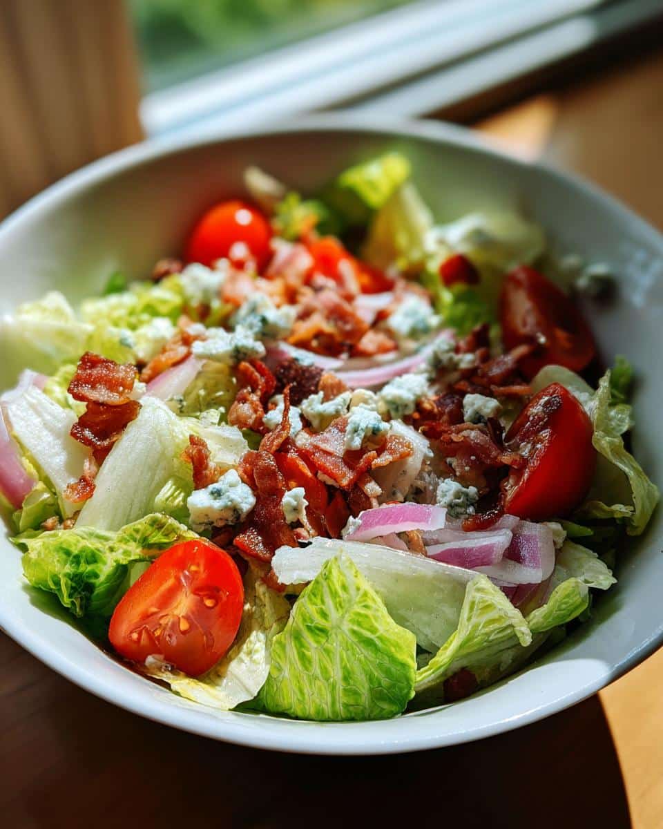 A vibrant Iceberg Lettuce Salad with tomatoes, red onion, bacon, and blue cheese crumbles in a white bowl.