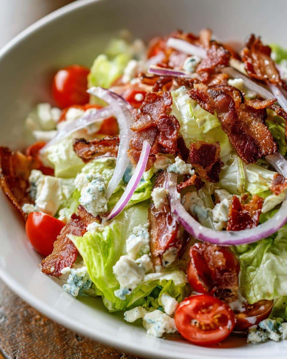Close-up of Iceberg Lettuce Salad with crispy bacon, blue cheese crumbles, red onion, and cherry tomatoes.