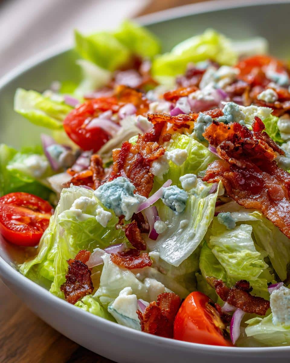 Close-up of a vibrant Iceberg Lettuce Salad with tomatoes, bacon, red onion, and blue cheese crumbles.