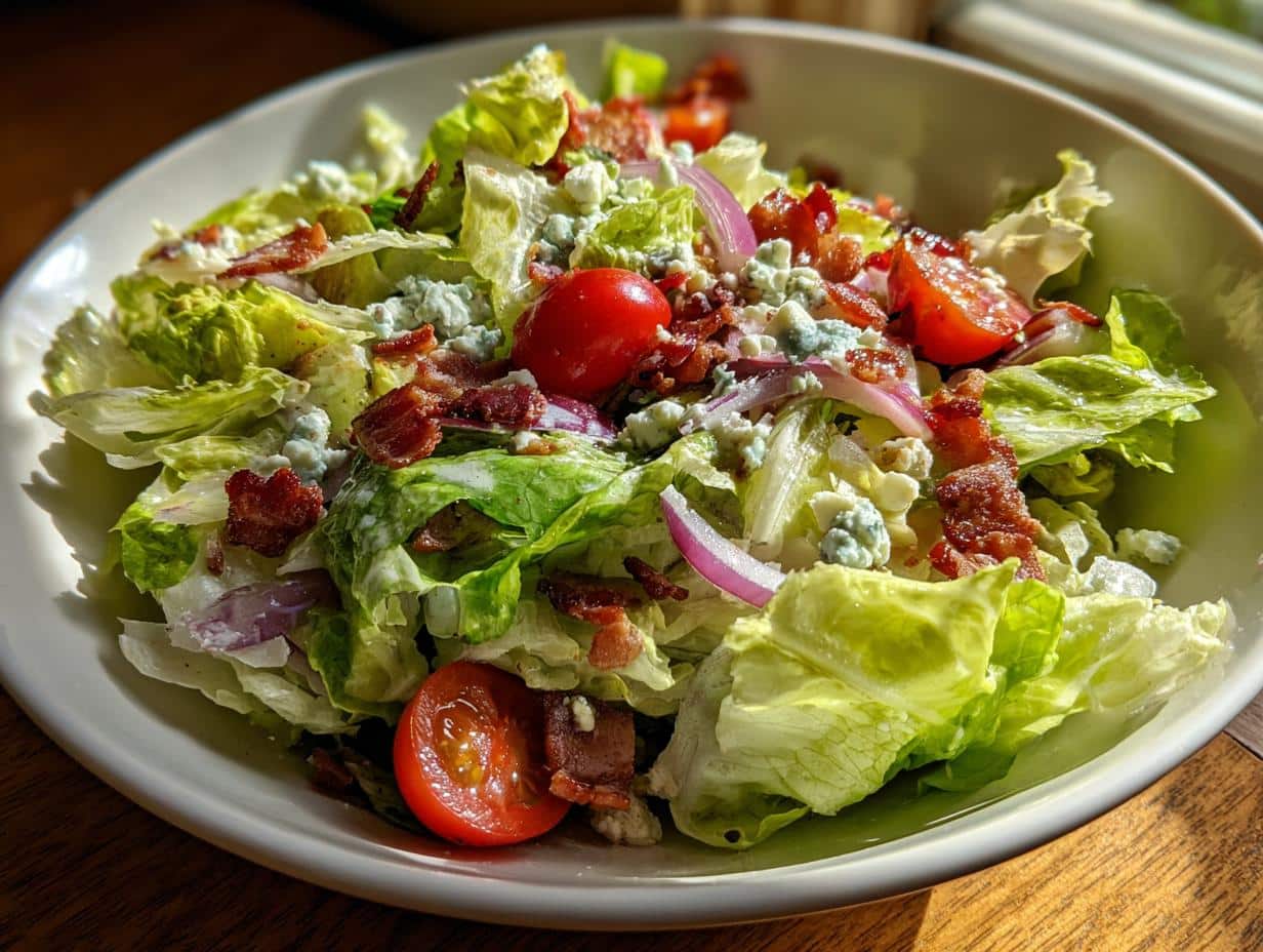 A vibrant Iceberg Lettuce Salad with bacon, tomatoes, red onion, and blue cheese crumbles in a white bowl.