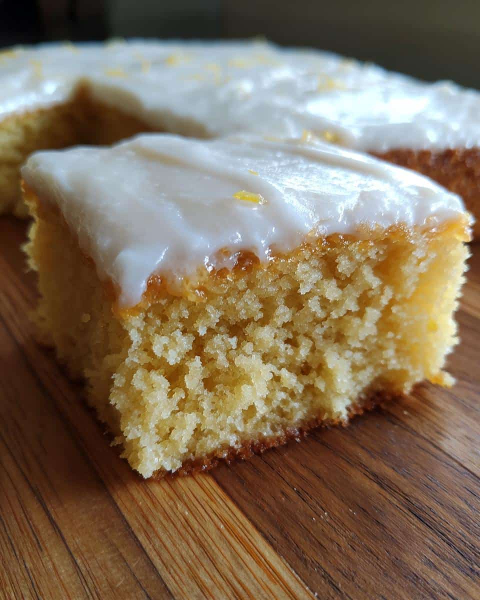 Close-up of a slice of lemon dessert with white icing on a wooden board. A delicious lemon dessert.