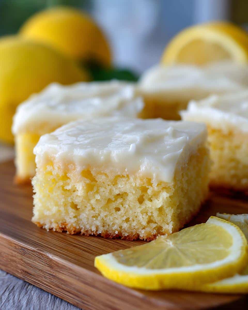 Close-up of lemon dessert bars with white icing, garnished with lemon slices. Delicious lemon desserts.