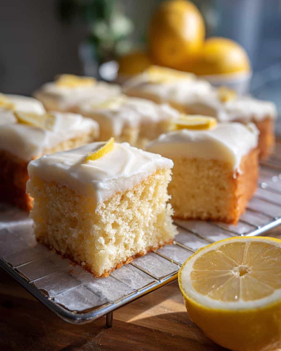 Close-up of iced lemon dessert squares on a wire rack, garnished with lemon slices. Fresh lemon half visible.